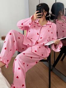 Napfluff CURVE Napfluff CURVE 大码优雅粉色条纹爱心睡衣套装，撞色包边长袖领上衣和长裤，梭织面料家居服睡衣套装，爱心条纹睡衣，女士粉色爱心睡衣套装，粉色条纹睡衣，秋冬服装 - 粉色 - 查看 1