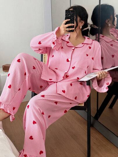 SHEIN Plus Size Elegant Pink Striped Heart Pajama Set With Contrast Binding Long Sleeve Collar Top And Long Pants Woven Fabric Loungewear Pajama Set With Hearts Striped Pajamas Women Pink Heart Pajama Set Pink Pajamas Striped Pajamas, Fall Winter Clothes