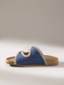 Solecia New Women Blue Embroidered Flat Casual Slip-On Sandals - Navy Blue - View 4