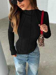 Siren Gaze Women's Exposed Seam Asymmetrical Hem T-Shirt Winter Black Casual Spring - Black - View 5