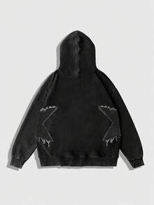 ROMWE MEN Street Life 男士春秋季宽松星形图案抽绳连帽卫衣，长袖上衣 - 黑色 - 查看 2