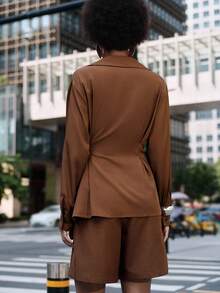 Lumivelle Women's Elegant Coffee Brown Blouse,Autumn Office Regular Fit X-Shaped Shirt Collar Drop Shoulder Long Sleeve Waist Fold Pleated Splice Belt Blouse - Brown - View 2
