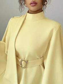 Selianne 女式纯色立领优雅斗篷羊毛大衣，秋冬 - 黃色 - 查看 6