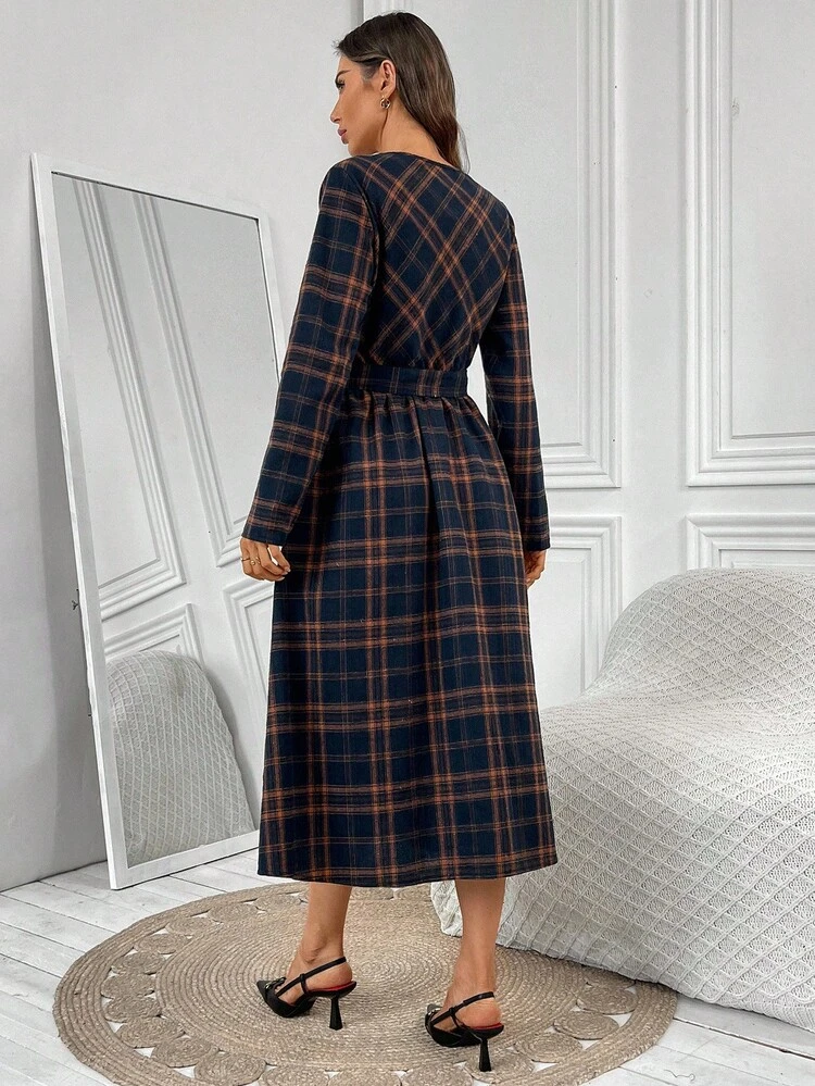 Women's Plaid Print Belted Long Sleeve Midi Dress With Front Buttons Elegant Dresses For Women  Elegant Dresses For Party  Women Dresses Autumn Winter  One-Piece Dress Ladies Autumn Winter Cozy Fall And Winter Clothes For Women, Christmas