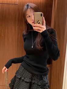 DAZY 女式简约优雅百搭修身纯色长袖毛衣，秋冬 - 黑色 - 查看 4