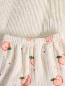 SHEIN 青少年女孩宽松休闲简约舒适桃色图案圆领套头衫和裤子羊毛厚睡衣套装 - 彩色 - 查看 5