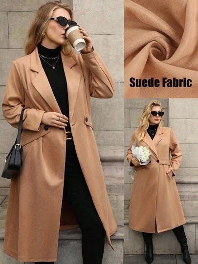 Juhart Abrigo elegante de talla grande para mujer de unicolor, con cuello de solapa, cinturón de corbata, dos bolsillos, contraste de color floral y longitud media para uso diario