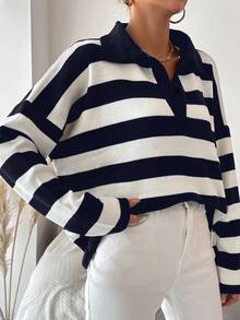 EURMUSE Plus Size Striped Pattern Drop Shoulder Polo Neck Drop Shoulder Sweater - Navy Blue - View 4