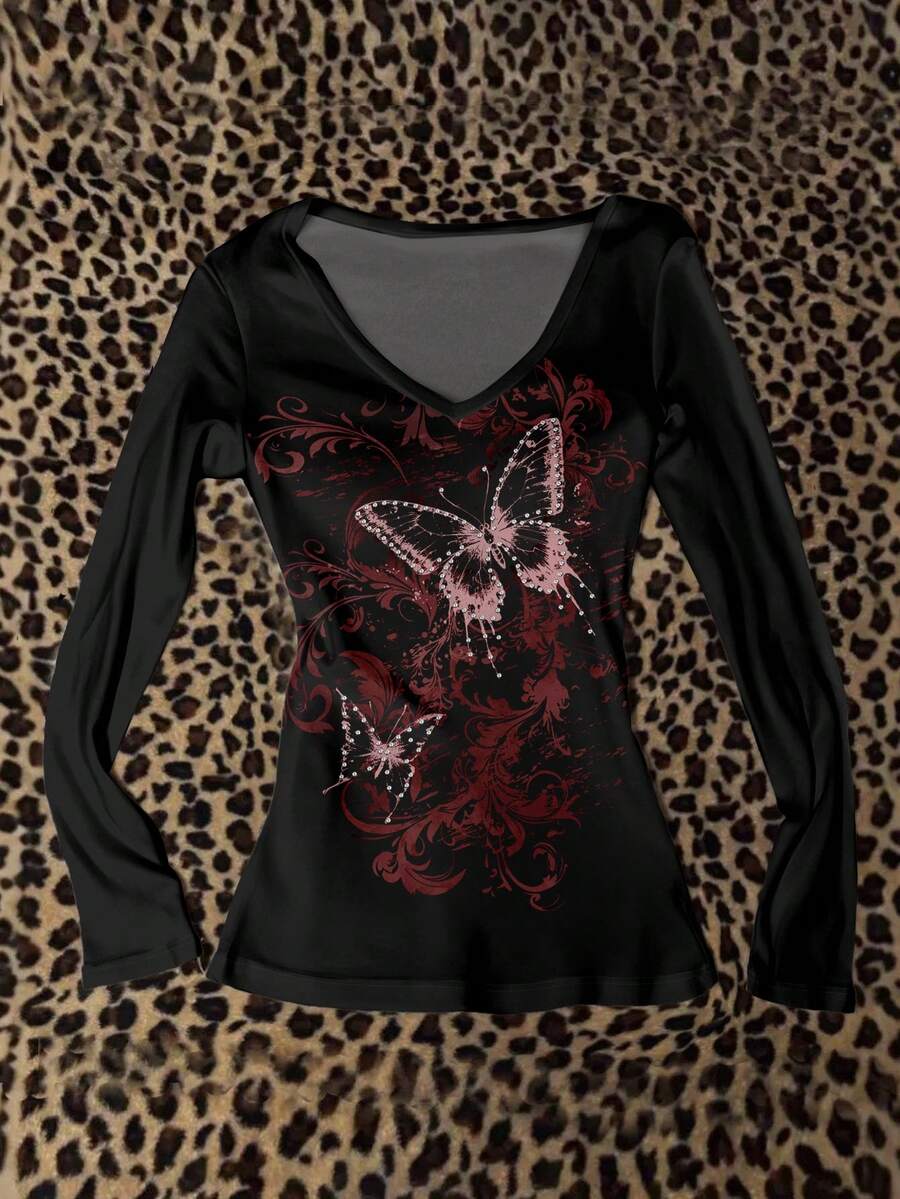 Attitoon 女士V领休闲蝴蝶印花修身长袖T恤，机场通勤百搭 - 白色 - 查看 1