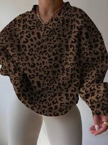 INAWLY Sweat-shirt décontracté imprimé léopard grande taille, automne/hiver - Marron fonçé - Voir 1