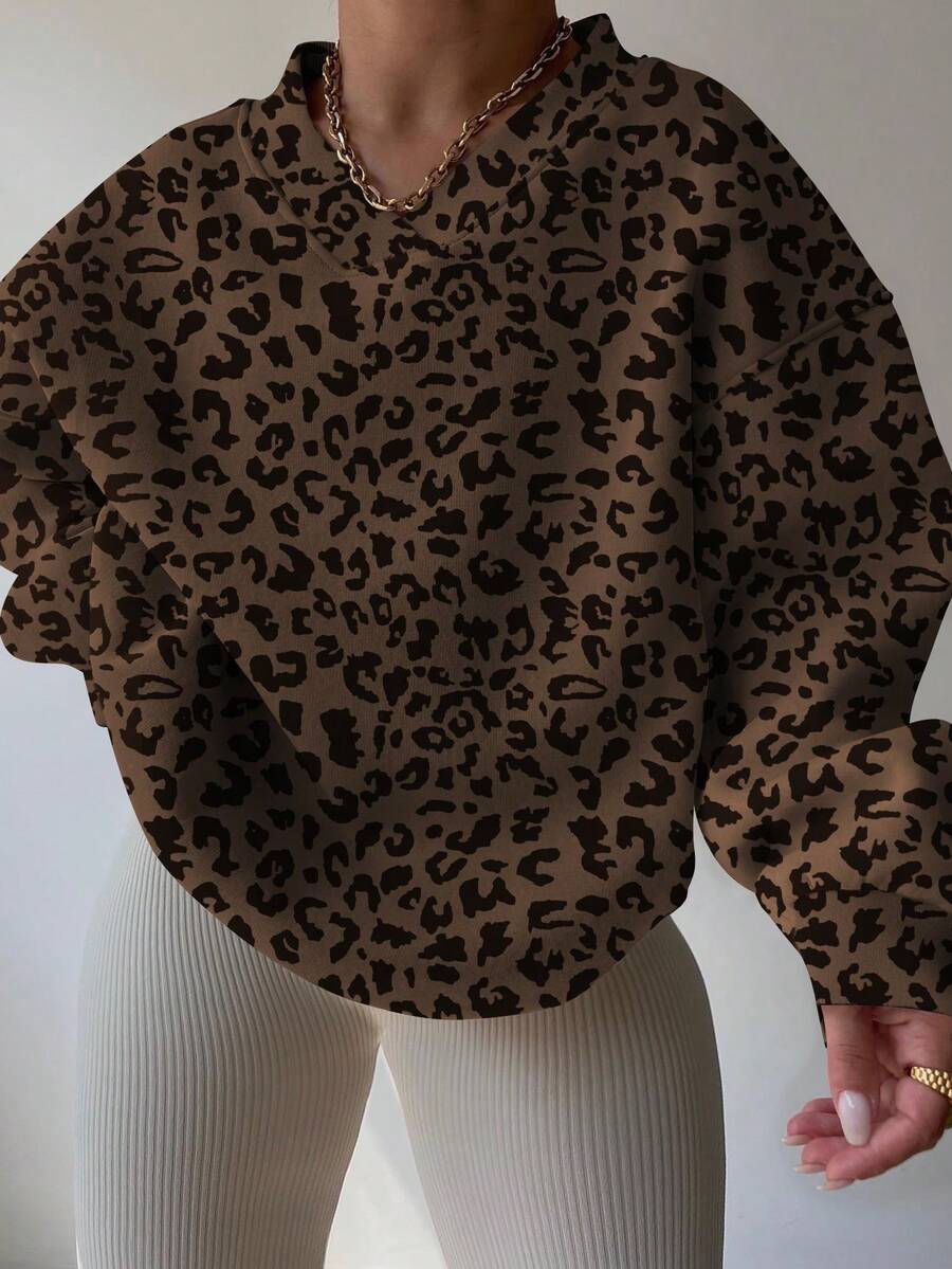 INAWLY Sweat-shirt décontracté imprimé léopard grande taille, automne/hiver - Marron fonçé - Voir 1