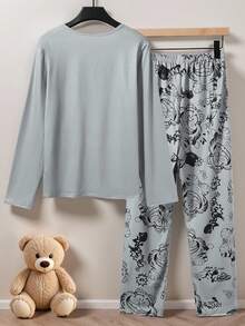 2pcs Boys' Grey Tiger Print Knit Fabric Comfortable Soft Long Sleeve Top And Pants Casual Loungewear Set - Multicolor - View 2