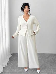 SHEIN Tall CURVE Women Elegant Long Sleeve Blazer And Pants Set, Business/Commuting Style, Suitable For Summer, Independence Day, Graduation, Back To School - White - View 4