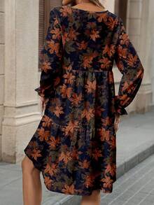 EMERY ROSE Casual Elegant Women's Autumn Leaf Print Mid-Length Dress, Suitable For Autumn/Winter - Multicolor - View 3