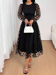 SHEIN Lady 大码优雅波尔卡圆点网眼灯笼袖连衣裙，适合通勤 - 黑色 - 查看 6