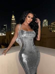 Allurite 修身吊带连衣裙 Maxi 女士套装 - 銀色 - 查看 3