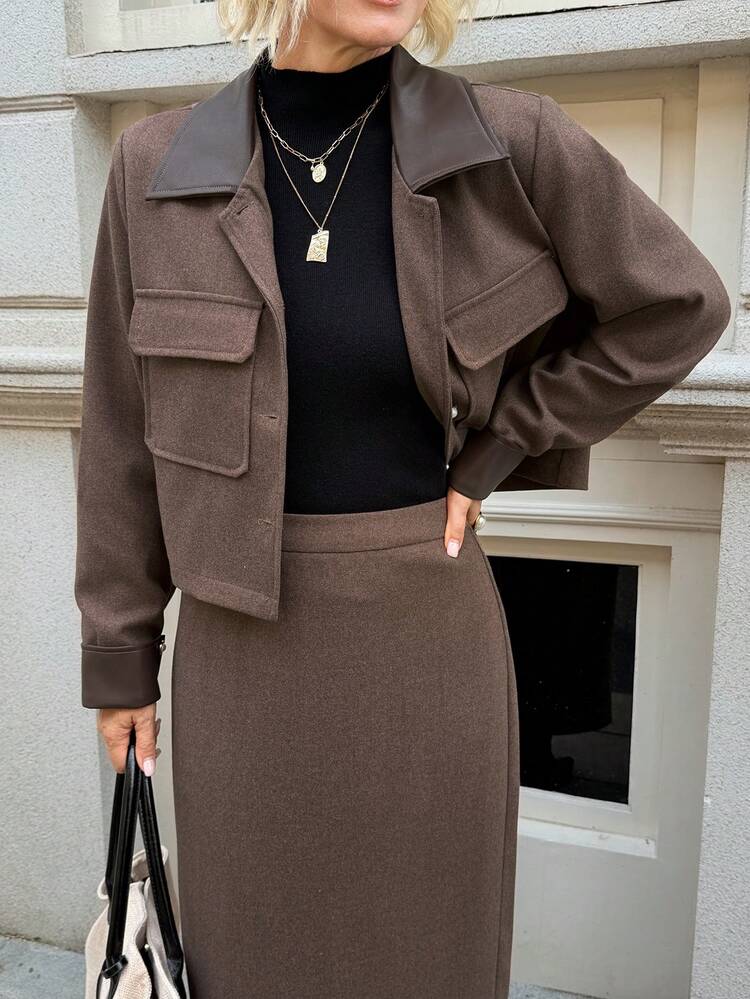 2pcs Women Contrast Color Patchwork Jacket And Skirt Set