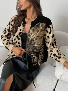 SHEIN Clasi Women's New Autumn/Winter Sexy Leopard Print Patchwork Zipper Jacket - Khaki - View 4