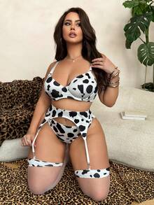5pcs/Set Women's Sexy Cow Print Lingerie Set ClassicAnimalPrint - Black and White - View 4