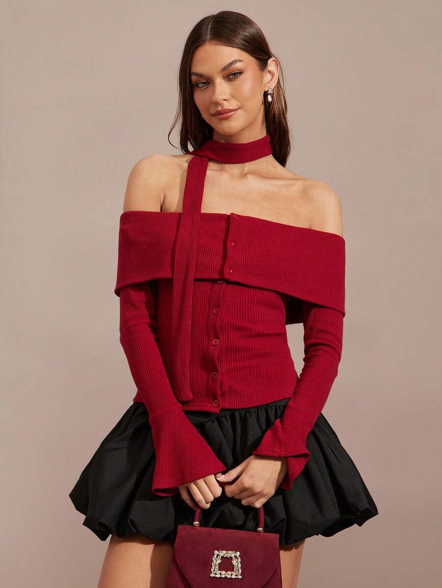 Enchnt Winterromantische, rote, schulterfreie, langärmelige, einreihige Damenbluse – schick und elegant für Dates, Ausgehen, den Alltag, den Nachmittagstee, Halloween, Weihnachten, Silvester und als rotes Oberteil.