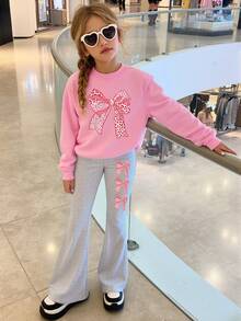 SHEIN 2pcs Set Pink Leopard Bow Long Sleeve Sweatshirt And Gray Flare Pants, Casual Back-To-School Outfit For Autumn, Tween School Fashion Tween Girl - Multicolor - View 3