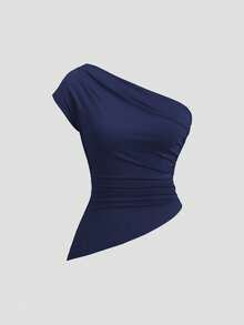 Sweetra Women's Elegant Asymmetric-Shoulder Ruched Asymmetric Blouse Set - Multicolor - View 4