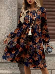 EMERY ROSE Casual Elegant Women's Autumn Leaf Print Mid-Length Dress, Suitable For Autumn/Winter - Multicolor - View 1