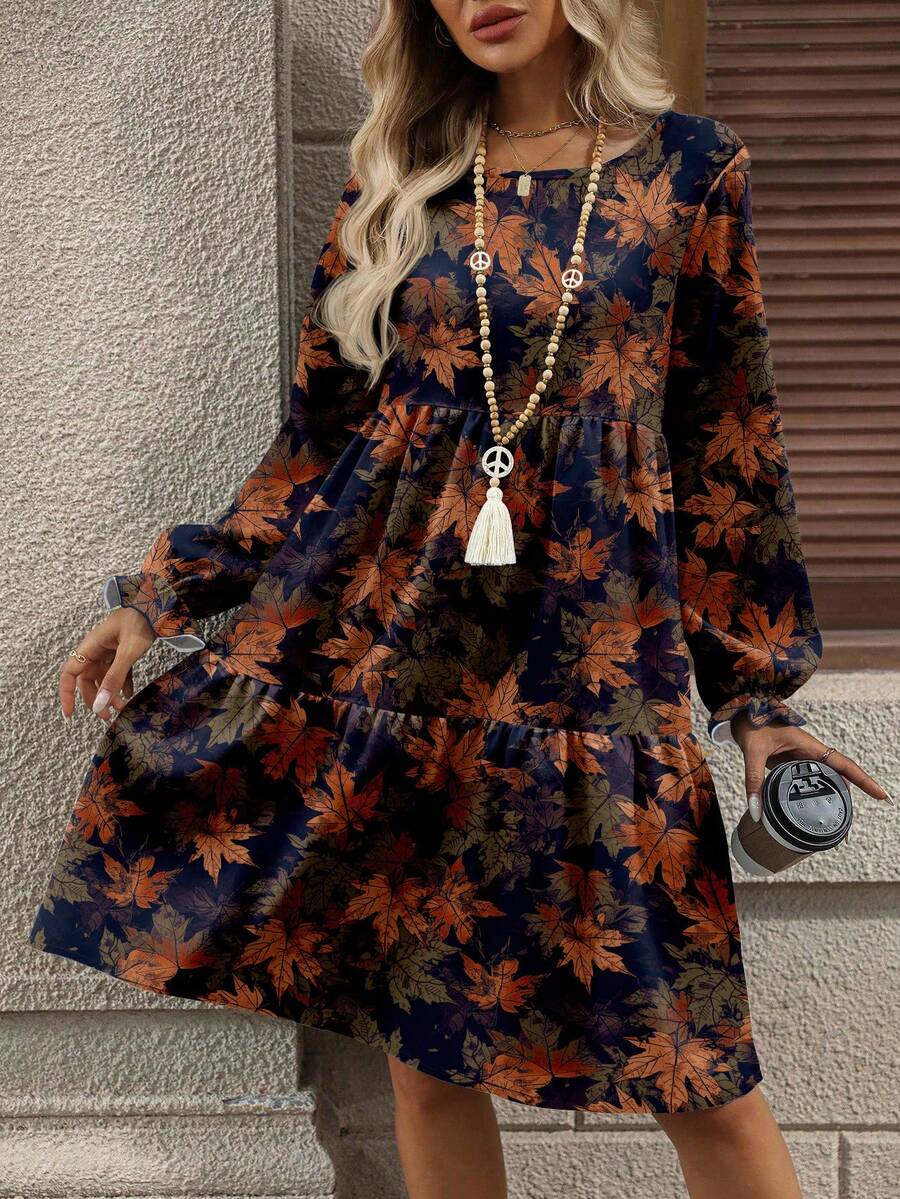 EMERY ROSE Casual Elegant Women's Autumn Leaf Print Mid-Length Dress, Suitable For Autumn/Winter - Multicolor - View 1
