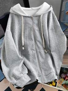 SHEIN LUNE 大码女式休闲拉链抽绳卫衣 - 灰色 - 查看 1