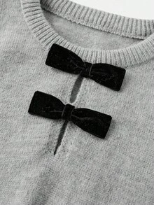 SHEIN Teen Girls' Gray Hollow Bowknot Decor Long Sleeve Knit Casual Dress Autumn Winter Clothes ForGirln - Light Grey - View 3