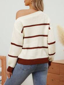 SHEIN Maternity Casual Colorblock Striped Asymmetric Neck Sweater, Autumn/Winter - Multicolor - View 2
