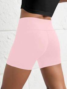 SHEIN Tween Girls Solid Color Casual Legging Shorts, High Waist, 4-Way Stretch, High Elasticity, Suitable For Activewear, Cycling, Running, Training - Pink - View 2