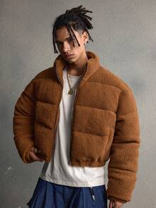 AXEPEAK 男士休闲纯色拉链宽松冬季长袖外套 - 駝色 - 查看 3