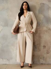 Roveilla Bộ 2 món áo khoác blazer tay dài và quần dài cổ điển tối giản thường ngày dành cho nữ cỡ lớn - Màu be - Xem 6