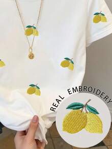 SHEIN Camiseta de manga corta casual de mujer con bordado de limón, para verano - Blanco - Ver 3