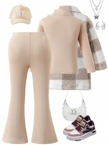 少女休闲格纹毛茸茸外套搭配针织上衣和裤子，适合日常出游 - 杏色 - 查看 2