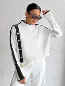 EURMUSE Casual Color Block Stand Collar Sweater, Autumn/Winter - White - View 5