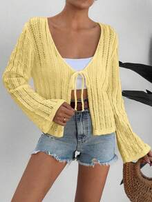 EURMUSE Cardigan décontracté de vacances en tricot à manches évasées, à nœud devant et ajouré, de couleur unie - Jaune citron - Voir 4