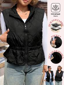 Comfortcana Plus Size Women's Black Waist-Cinching Versatile Fashion Vest Padded Coat, Autumn/Winter - Black - View 4