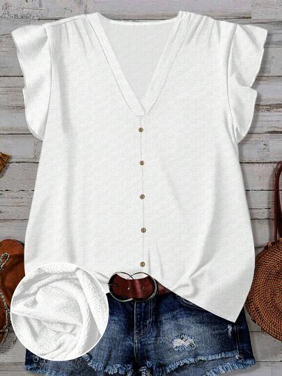 Rusticease Women's Solid Color V-Neck Cap Sleeve Button Design Casual Shirt, Suitable For Summer