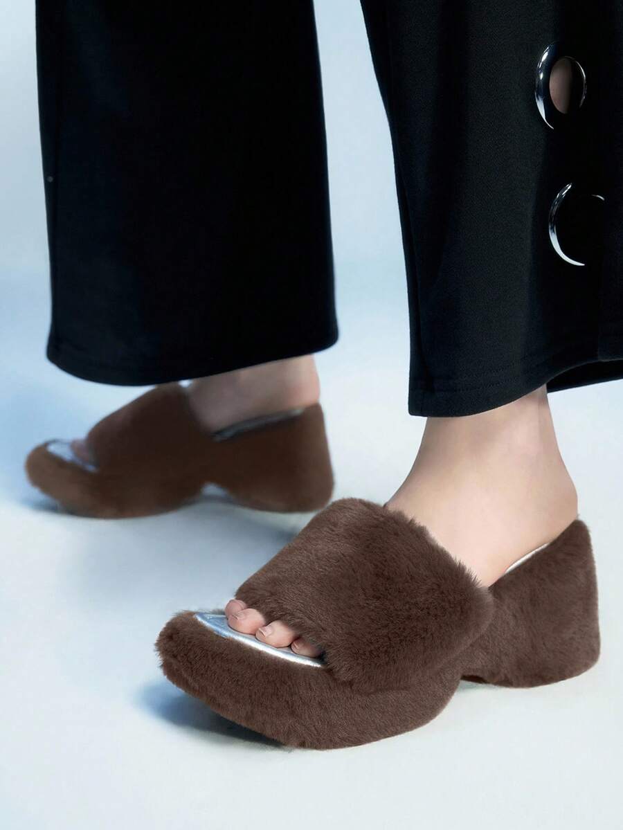 Sugerpunk Women's Autumn/Winter High Heel Faux Fur Slippers, Platform Wedge Increased Height Strap Slides - Grey - View 1