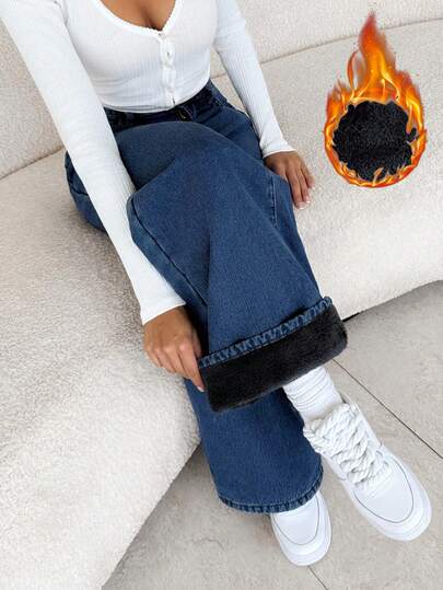 SHEIN Tall Casual Fashionable Versatile Daily Warm Thermal Lined Women's Jeans,Tall Woman, Autumn And Winter Thermal Lined Blue Denim Jeans