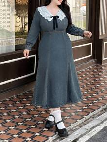 Rivivi 大码女式甜美街头芭蕾风格中蓝色无弹力牛仔连衣裙 - 中等水洗藍 - 查看 4