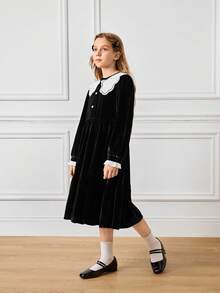 优雅简约长袖白色蕾丝边女童连衣裙 - 黑色 - 查看 3