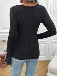 SHEIN Tricou casual cu mânecă lungă, croit, cu dantelă, în culoare solidă, toamnă - Negru - Vizualizare 2
