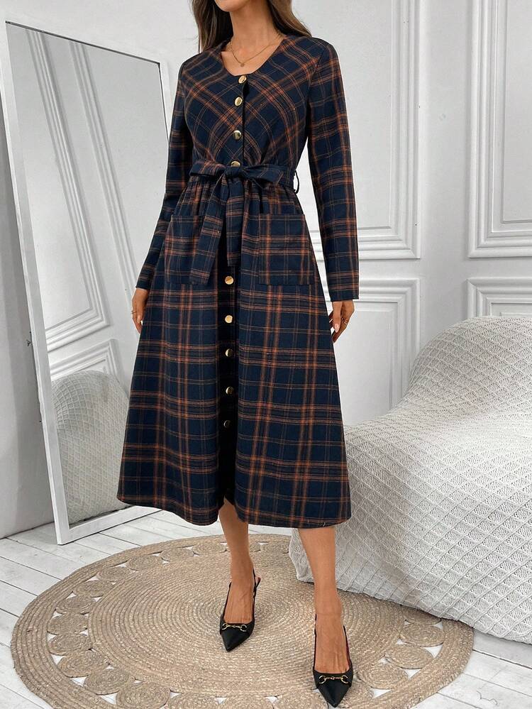 Women's Plaid Print Belted Long Sleeve Midi Dress With Front Buttons Elegant Dresses For Women  Elegant Dresses For Party  Women Dresses Autumn Winter  One-Piece Dress Ladies Autumn Winter Cozy Fall And Winter Clothes For Women, Christmas