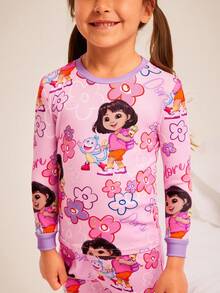 DORA | SHEIN 2pcs/Set Young Girl Cute Floral & Cartoon Figure Graphic Crew Neck Long Sleeve Top And Leggings Casual Pajama Set - Pink - View 3