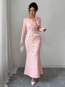 Elenzga 圆领蝴蝶结装饰长袖纹理针织修身连衣裙，优雅浪漫的法式礼服，秋冬 - 粉色 - 查看 3