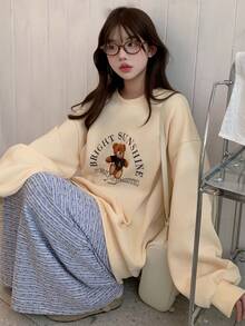 DAZY Áo nỉ cổ tròn lót nhiệt in hình gấu hoạt hình dành cho nữ, Thu/Đông - Vàng nhạt - Xem 6