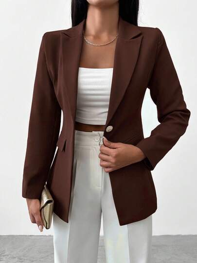 EURMUSE Women's Solid Color Lapel NeckLong Sleeve Single-Breasted Casual/Work Blazer Jacket, Autumn